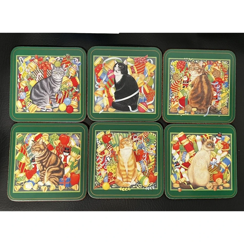 Pimpernel Christmas Cat Coaster Collection Cork Back ~ Boxed Set of 6